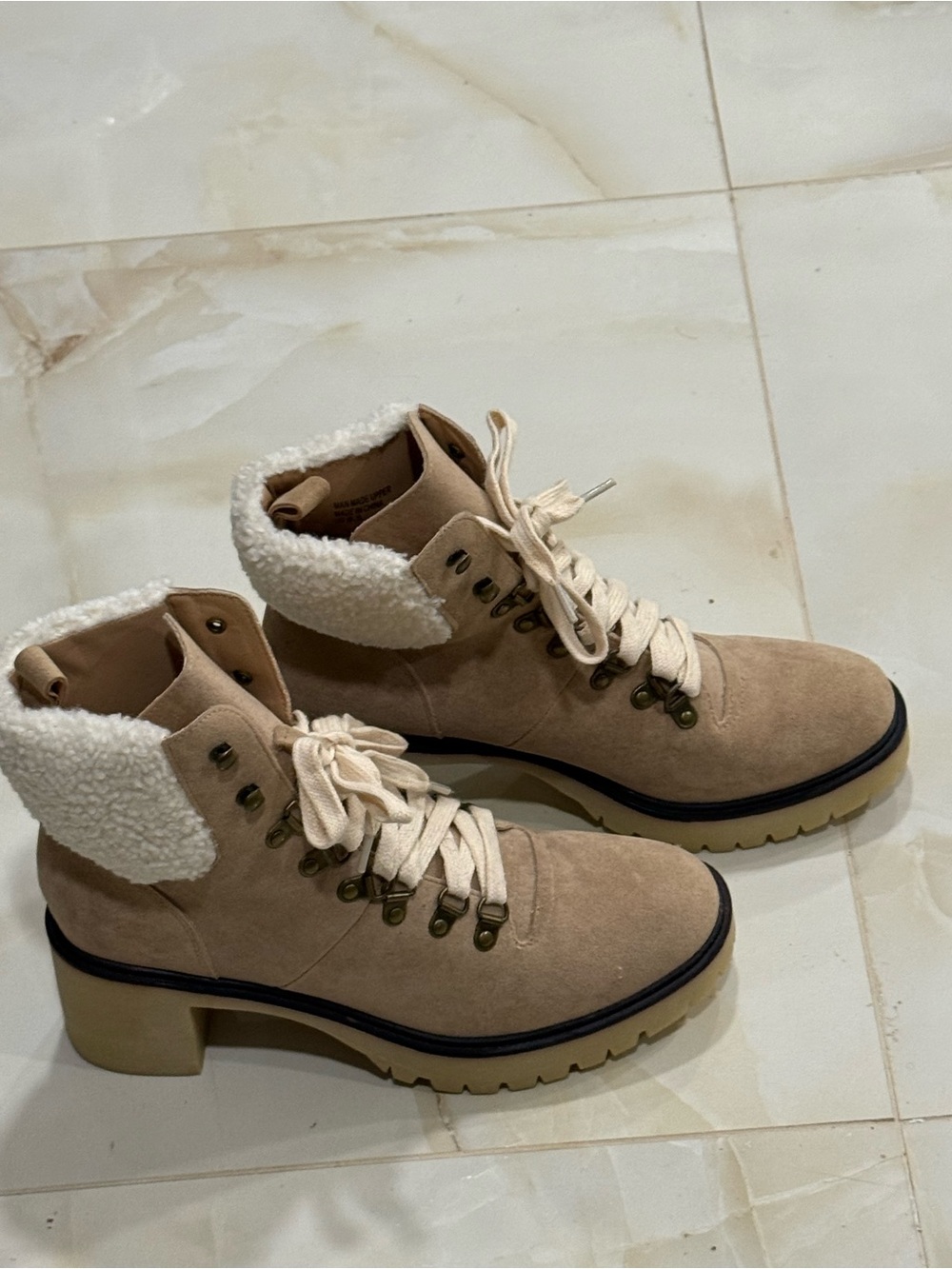 Women's Suede Lace-Up Ankle Boots with Shearling Collar - Beige